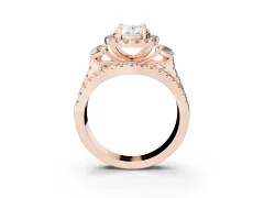 Oval Cut Diamond Halo Split Shank Ring Set in Rose gold with Round Accent Stones and Prong Setting