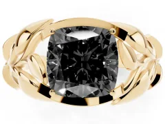 Fancy Black Cushion Cut Diamond Leaf-Inspired Engagement Ring Set in Yellow gold with Round Accents