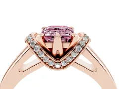 Fancy Pink Emerald Cut Diamond Pavé Band Solitaire Ring Set in Rose gold with Prong Setting