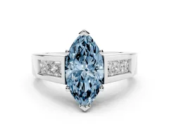 Fancy Blue Marquise Cut Diamond Solitaire Ring Set in Silver with Channel-Set Accent Stones and Prong Setting