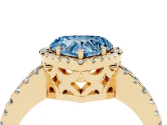 Fancy Blue Heart Cut Diamond Halo Ring Set in Yellow gold with Pavé Shoulders and Halo-Framed Center