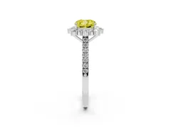 Fancy Yellow Cushion Cut Diamond Halo Ring Set in White gold with Pavé Band and Prong Setting