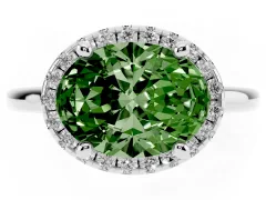 Fancy Green Oval Cut Diamond Halo Engagement Ring Set in Platinum with Pavé Band and Rising Shoulders