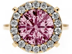 Fancy Pink Round Cut Diamond Cluster Halo Solitaire Ring Set in Yellow gold with Prong Setting