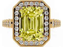 Fancy Yellow Emerald Cut Diamond Milgrain Halo Solitaire Ring Set in Yellow gold with Bezel Set Side Stones and Pavé Band