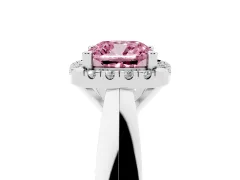 Fancy Pink Cushion Cut Diamond Halo Solitaire Engagement Ring Set in Platinum with Square Band and Prong Setting