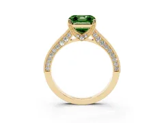 Fancy Green Asscher Cut Diamond Solitaire Ring Set in Yellow gold with Milgrain-Edged Pavé Band and Prong Setting