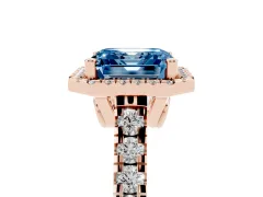 Fancy Blue Asscher Cut Diamond Halo Engagement Ring Set in Rose gold with Pavé Band and Prong-Set Center