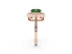 Fancy Green Radiant Cut Diamond Halo Ring Set in Rose gold with Accent-Lined Split Shank and Prong Setting
