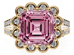 Fancy Pink Asscher Cut Diamond Floral Halo Split Shank Engagement Ring Set in Yellow gold with Pavé Shank