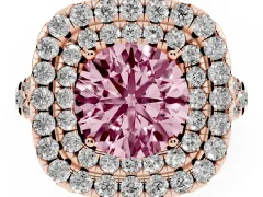 Fancy Pink Round Cut Diamond Double Halo Ring Set in Rose gold with Pavé Split Shank and Prong Setting