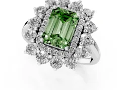 Fancy Green Emerald Cut Diamond Floral Double Halo Ring Set in Silver with Round Petals