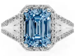 Fancy Blue Emerald Cut Diamond Halo Split Shank Pavé Ring Set in Platinum with Prong Setting