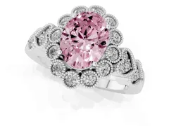 Fancy Pink Oval Cut Diamond Solitaire Ring Set in Platinum with Milgrain Pavé Heart Band