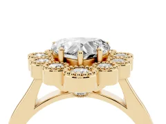 Heart Cut Diamond Cluster Halo Ring Set in Yellow gold with Milgrain Bezel Accents and Plain Band