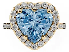 Fancy Blue Heart Cut Diamond Cushion Halo Ring Set in Yellow gold with Pavé Band