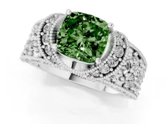 Fancy Green Cushion Cut Diamond Milgrain Halo Pavé Engagement Ring Set in Platinum with Prong Setting