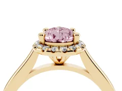 Fancy Pink Pear Cut Diamond Halo Engagement Ring Set in Yellow gold with Pavé Band and Rising Shoulders
