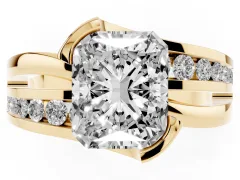 Radiant Cut Diamond Solitaire Ring Set in Yellow gold with Channel Set Split Shank and Tension Prongs