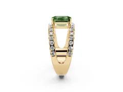 Fancy Green Emerald Cut Diamond Split Shank Pavé Solitaire Ring Set in Yellow gold with Open Shank Design