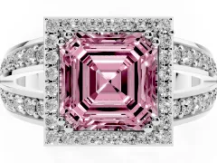 Fancy Pink Asscher Cut Diamond Halo Ring Set in Platinum with Double Pavé Split Shank
