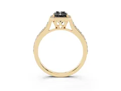 Fancy Black Radiant Cut Diamond Halo Engagement Ring Set in Yellow gold with Round Pavé Shoulders and Heart Gallery