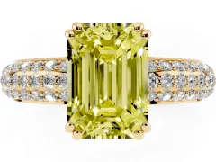 Fancy Yellow Emerald Cut Diamond Solitaire Ring Set in Yellow gold with Multi-Row Round Pavé Band and Prong Setting