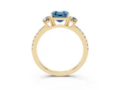 Fancy Blue Asscher Cut Diamond Three-Stone Ring Set in Yellow gold with Pavé Band and Graduated Sides