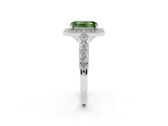 Fancy Green Emerald Cut Diamond Milgrain Halo Solitaire Ring Set in Silver with Bezel Set Side Stones and Pavé Band