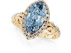 Fancy Blue Marquise Cut Diamond Halo Ring Set in Yellow gold with Filigree Leaf Band and Prong Setting