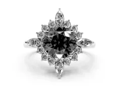 Fancy Black Round Cut Diamond Cluster Halo Ring Set in White gold with Marquise and Round Accents