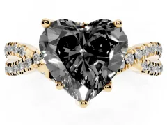 Fancy Black Heart Cut Diamond Twist Pavé Solitaire Engagement Ring Set in Yellow gold with Prong Setting