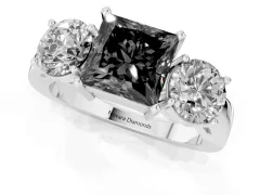 Fancy Black Princess Cut Diamond Three-Stone Ring Set in White gold with Round Side Stones and Classic Band