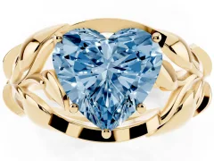 Fancy Blue Heart Cut Diamond Leaf-Inspired Engagement Ring Set in Yellow gold with Round Accents