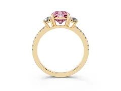 Fancy Pink Cushion Cut Diamond Three-Stone Ring Set in Yellow gold with Pavé Band and Graduated Sides