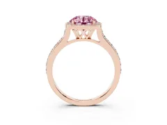 Fancy Pink Round Cut Diamond Halo Engagement Ring Set in Rose gold with Round Pavé Shoulders and Heart Gallery