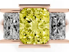 Fancy Yellow Radiant Cut Diamond Three-Stone Channel Set Ring Set in Rose gold with Smooth Polished Band