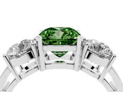 Fancy Green Cushion Cut Diamond Three-Stone Ring Set in Silver with Round Side Stones and Classic Band
