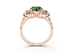 Fancy Green Round Cut Diamond Three-Stone Ring Set in Rose gold with Pavé Band