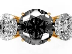 Fancy Black Round Cut Diamond Three-Stone Ring Set in Yellow gold with Textured Band