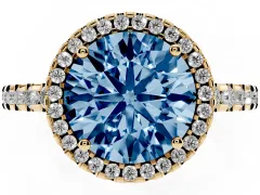 Fancy Blue Round Cut Diamond Halo Ring Set in Yellow gold with Pavé Shoulders and Halo-Framed Center