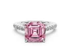 Fancy Pink Asscher Cut Diamond Solitaire Ring Set in Silver with Brilliant Pavé Band and Prong Setting