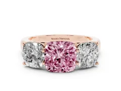 Fancy Pink Cushion Cut Diamond Three-Stone Ring Set in Rose gold with Plain Polished Band