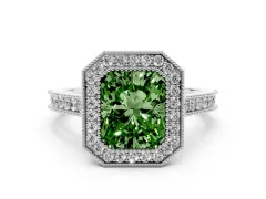 Fancy Green Radiant Cut Diamond Halo Milgrain Pavé Band Ring Set in White gold with Prong Setting