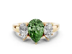 Fancy Green Pear Cut Diamond Three-Stone Ring Set in Yellow gold with Bold Center and Classic Band