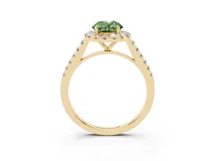 Fancy Green Oval Cut Diamond Halo Pavé Engagement Ring Set in Yellow gold with Prong Setting