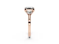 Emerald Cut Diamond Three-Stone Ring Set in Rose gold with Pavé Band and Smaller Side Stones