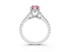 Fancy Pink Cushion Cut Diamond Solitaire Ring Set in Platinum with Brilliant Pavé Band and Prong Setting