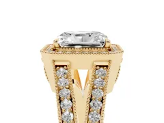 Radiant Cut Diamond Halo Ring Set in Yellow gold with Stone-Set Split Shank and Milgrain Edges