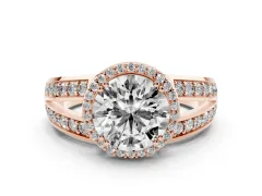 Round Cut Diamond Halo Ring Set in Rose gold with Double Pavé Split Shank